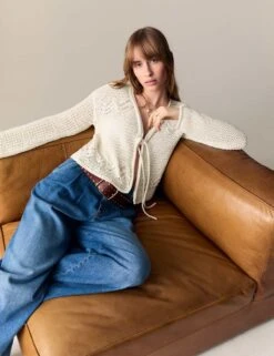 Cotton Rich Pointelle V-Neck Tie Front Relaxed Cardigan -Marksandspencer Sale Store cotton rich pointelle v neck tie front relaxed cardigan 6