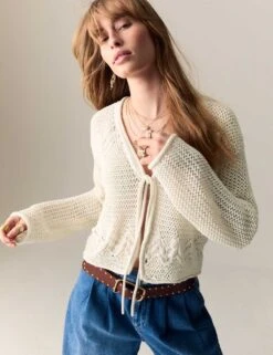 Cotton Rich Pointelle V-Neck Tie Front Relaxed Cardigan -Marksandspencer Sale Store cotton rich pointelle v neck tie front relaxed cardigan 9