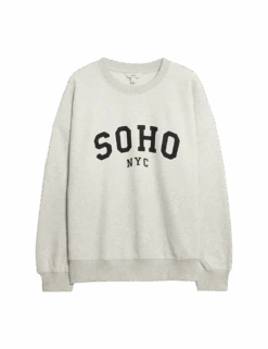 Cotton Rich Slogan Crew Neck Sweatshirt -Marksandspencer Sale Store cotton rich slogan crew neck sweatshirt 1