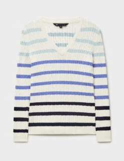 Cotton Rich Striped Cable Knit V-Neck Jumper 15 Cotton Rich Striped Cable Knit V-Neck Jumper -Marksandspencer Sale Store cotton rich striped cable knit v neck jumper 5