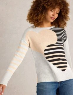 WHITE STUFF Cotton Rich Striped Heart Crew Neck Jumper -Marksandspencer Sale Store cotton rich striped heart crew neck jumper 6