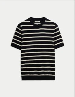 Cotton Rich Striped Knitted T-Shirt -Marksandspencer Sale Store cotton rich striped knitted t shirt 13