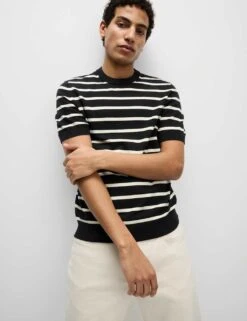 Cotton Rich Striped Knitted T-Shirt -Marksandspencer Sale Store cotton rich striped knitted t shirt 17