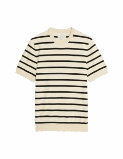 Cotton Rich Striped Knitted T-Shirt -Marksandspencer Sale Store cotton rich striped knitted t shirt