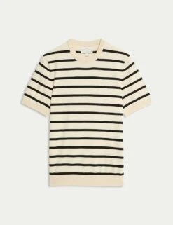 Cotton Rich Striped Knitted T-Shirt -Marksandspencer Sale Store cotton rich striped knitted t shirt 7