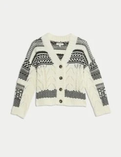 Cotton Rich Striped Textured V-Neck Cardigan -Marksandspencer Sale Store cotton rich striped textured v neck cardigan 7