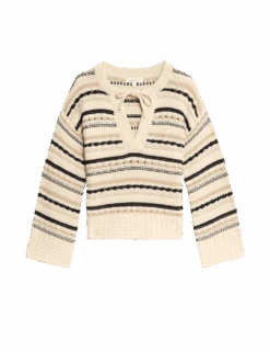 Cotton Rich Striped Textured V-Neck Jumper -Marksandspencer Sale Store cotton rich striped textured v neck jumper