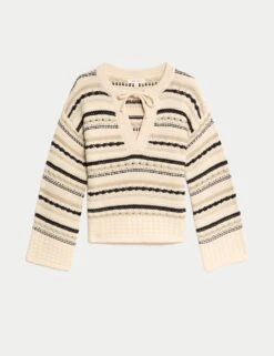 Cotton Rich Striped Textured V-Neck Jumper -Marksandspencer Sale Store cotton rich striped textured v neck jumper 5