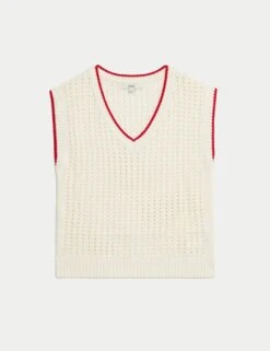 Cotton Rich Textured V-Neck Knitted Vest -Marksandspencer Sale Store cotton rich textured v neck knitted vest 10
