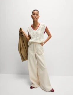 Cotton Rich Textured V-Neck Knitted Vest -Marksandspencer Sale Store cotton rich textured v neck knitted vest 8