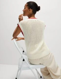 Cotton Rich Textured V-Neck Knitted Vest -Marksandspencer Sale Store cotton rich textured v neck knitted vest 9