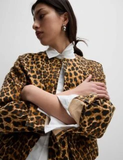 Denim Leopard Print Collarless Jacket -Marksandspencer Sale Store denim leopard print collarless jacket 11