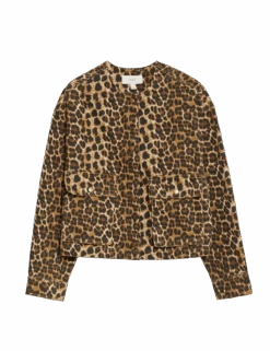 Denim Leopard Print Collarless Jacket -Marksandspencer Sale Store denim leopard print collarless jacket