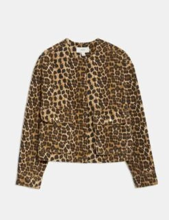 Denim Leopard Print Collarless Jacket -Marksandspencer Sale Store denim leopard print collarless jacket 8