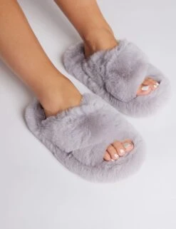 Faux Fur Crossover Open Toe Slider Slippers -Marksandspencer Sale Store faux fur crossover open toe slider slippers 6