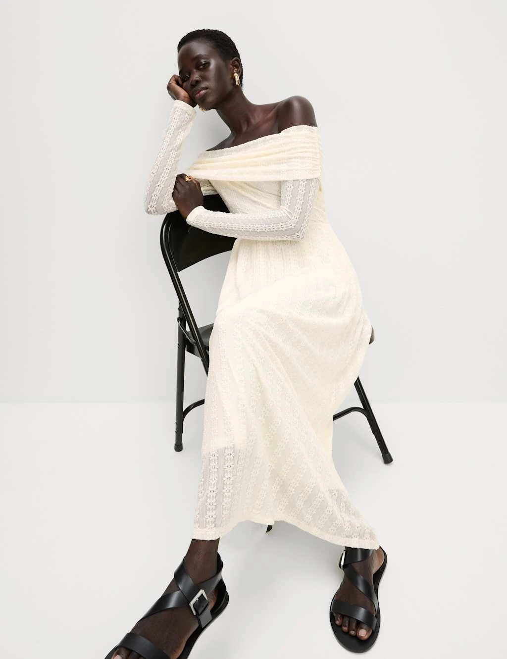 Jersey Lace Bardot Midi Waisted Dress 12 Jersey Lace Bardot Midi Waisted Dress - Image 12