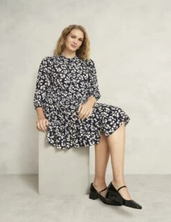Leaf Print Crew Neck Mini Tiered Dress -Marksandspencer Sale Store leaf print crew neck mini tiered dress 14