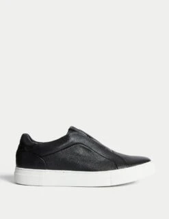 Leather Slip-On Trainers With Freshfeet™ -Marksandspencer Sale Store leather slip on cupsole trainers 12