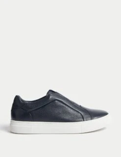 Leather Slip-On Trainers With Freshfeet™ -Marksandspencer Sale Store leather slip on cupsole trainers 4
