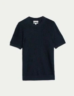 Linen Blend Textured Knitted T-Shirt -Marksandspencer Sale Store linen blend textured knitted t shirt 14