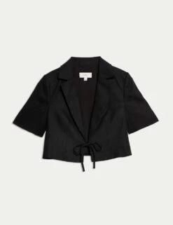 Linen Twill Rich Cropped Short Sleeve Jacket -Marksandspencer Sale Store linen twill rich cropped short sleeve jacket 7