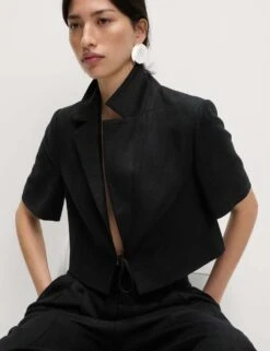 Linen Twill Rich Cropped Short Sleeve Jacket -Marksandspencer Sale Store linen twill rich cropped short sleeve jacket 8
