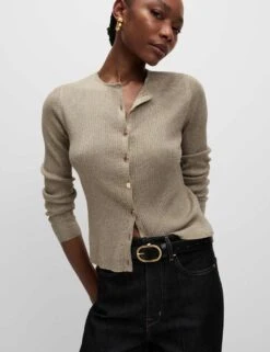 Metallic Crew Neck Slim Fit Cardigan -Marksandspencer Sale Store metallic crew neck slim fit cardigan 12