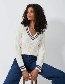 Pure Cotton Cable Knit V-Neck Cricket Jumper -Marksandspencer Sale Store pure cotton cable knit v neck cricket jumper 10