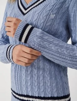 Pure Cotton Cable Knit V-Neck Cricket Jumper -Marksandspencer Sale Store pure cotton cable knit v neck cricket jumper 8