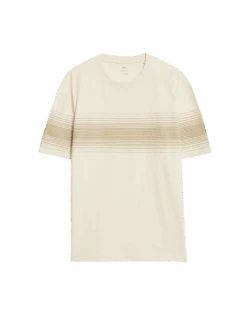 Pure Cotton Chest Stripe Crew Neck T-Shirt -Marksandspencer Sale Store pure cotton chest stripe crew neck t shirt 1