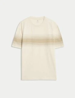 Pure Cotton Chest Stripe Crew Neck T-Shirt -Marksandspencer Sale Store pure cotton chest stripe crew neck t shirt 10