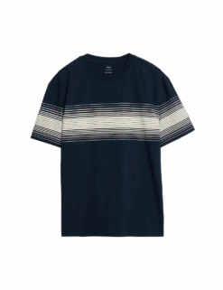 Pure Cotton Chest Stripe Crew Neck T-Shirt -Marksandspencer Sale Store pure cotton chest stripe crew neck t shirt