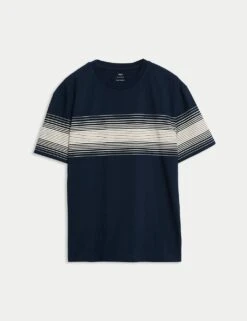 Pure Cotton Chest Stripe Crew Neck T-Shirt -Marksandspencer Sale Store pure cotton chest stripe crew neck t shirt 5