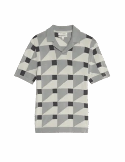 Pure Cotton Geometric Knitted Polo Shirt -Marksandspencer Sale Store pure cotton geometric knitted polo shirt