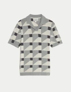 Pure Cotton Geometric Knitted Polo Shirt -Marksandspencer Sale Store pure cotton geometric knitted polo shirt 9