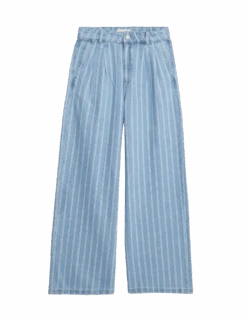 Pure Cotton Denim Striped Wide Leg -Marksandspencer Sale Store pure cotton high waisted striped wide leg jeans