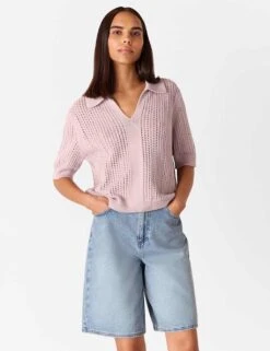 Whistles Pure Cotton Pointelle Collared V-Neck Jumper -Marksandspencer Sale Store pure cotton pointelle collared v neck jumper 4