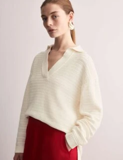 Jaeger Pure Cotton Textured Collared Relaxed Jumper -Marksandspencer Sale Store pure cotton textured collared relaxed jumper 15