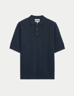 Pure Cotton Textured Knitted Polo Shirt -Marksandspencer Sale Store pure cotton textured knitted polo shirt 5