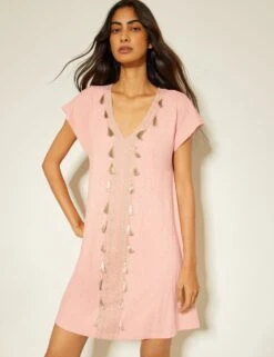 MONSOON Pure Cotton V-Neck Knee Length Kaftan Dress -Marksandspencer Sale Store pure cotton v neck knee length kaftan dress 6
