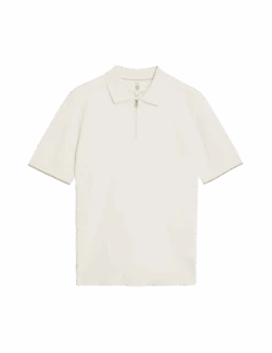 Pure Cotton Zip Up Knitted Polo Shirt -Marksandspencer Sale Store pure cotton zip up knitted polo shirt