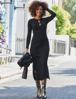 Cut Out Gold Button Detail Midaxi Dress -Marksandspencer Sale Store ribbed cut out detail midaxi bodycon dress