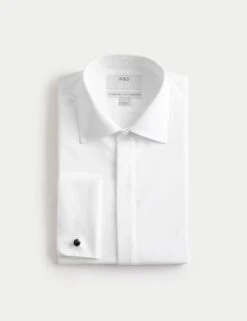 Slim Fit Luxury Cotton Double Cuffed Dress Shirt -Marksandspencer Sale Store slim fit easy iron pure cotton textured shirt