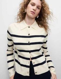 Striped Knitted Collared Button Front Cardigan -Marksandspencer Sale Store striped knitted collared button front cardigan 11