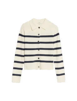 Striped Knitted Collared Button Front Cardigan -Marksandspencer Sale Store striped knitted collared button front cardigan