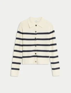 Striped Knitted Collared Button Front Cardigan -Marksandspencer Sale Store striped knitted collared button front cardigan 6