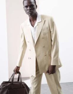 Tailored Fit Italian Performance Linen Blend Double Breasted Suit Jacket -Marksandspencer Sale Store tailored fit italian miracle linen double breasted performance suit jacket