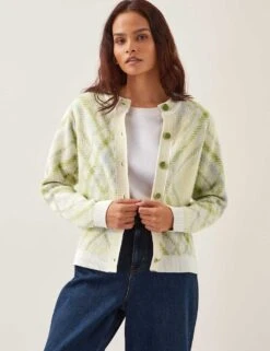 MONSOON Textured Argyle Crew Neck Cardigan With Wool -Marksandspencer Sale Store textured argyle crew neck cardigan with wool 7