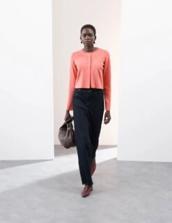 Crew Neck Button Front Cropped Cardigan -Marksandspencer Sale Store textured crew neck button front cropped cardigan 2