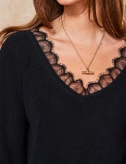 V-Neck Lace Detail Relaxed Jumper -Marksandspencer Sale Store v neck lace detail relaxed jumper 8